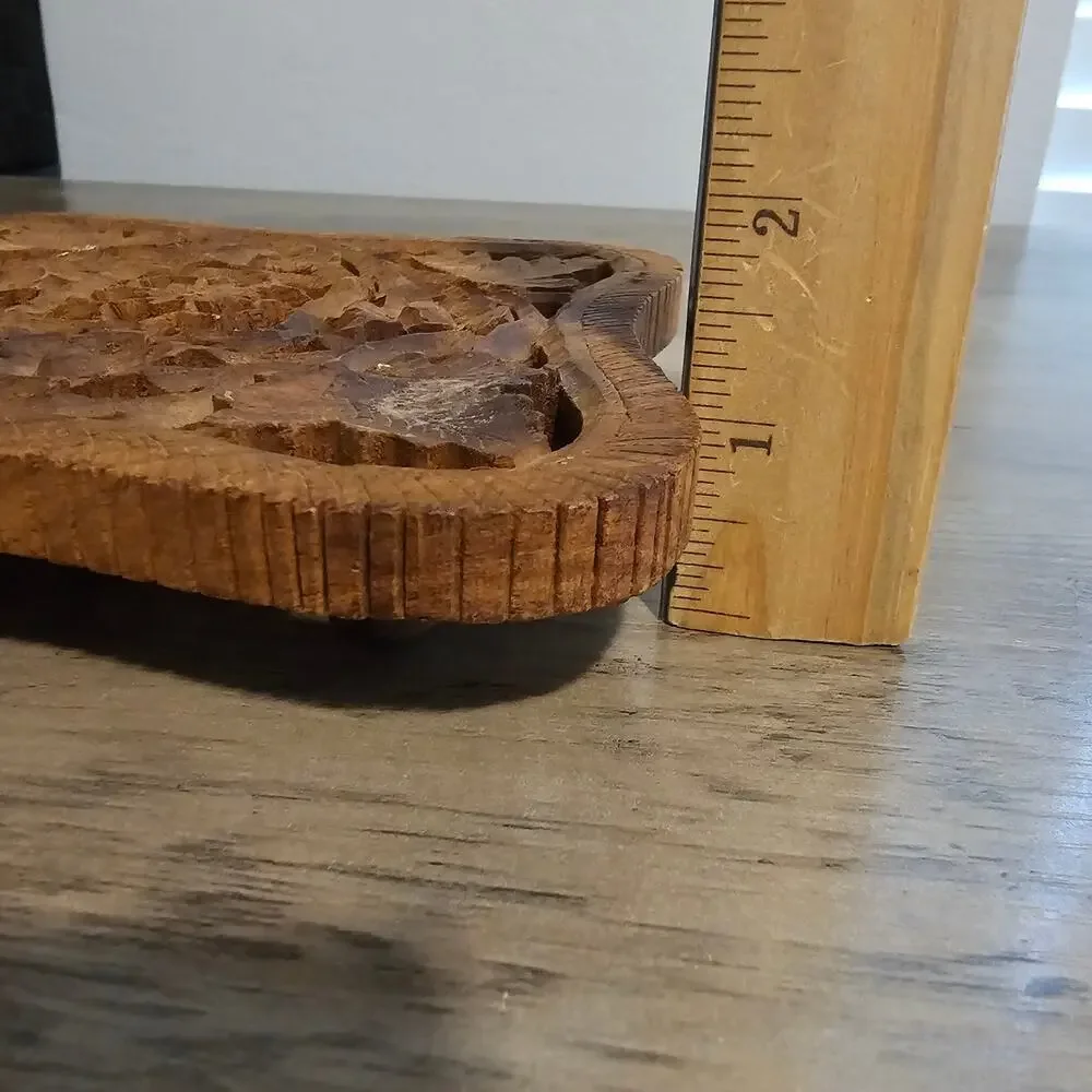 Vintage Hand Carved Wooden Trivet Indian Teak Hot Plate Boho Footed Wall Decor